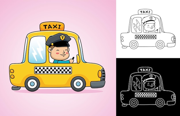 재미 있는 드라이버와 만화 노란색 택시