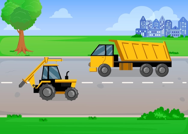 夏の道路上の漫画の黄色いトラックとトラクター