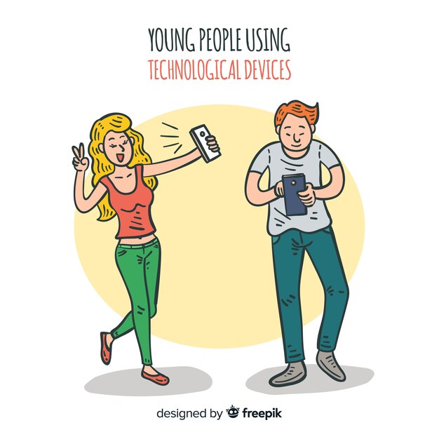 Cartoon young people using technological device pack