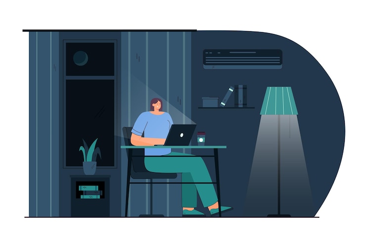 Free Vector cartoon young woman working on laptop at night. flat illustration
