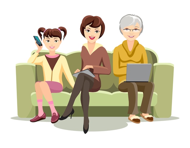 Free vector cartooned females sitting on sofa with gadgets illustration