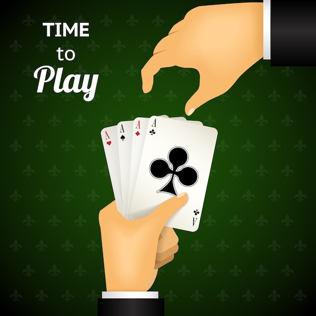 Free vector cartooned hand playing cards with four aces  emphasizing time to play  on green patterned background.