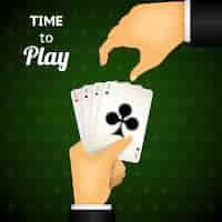 Free vector cartooned hand playing cards with four aces  emphasizing time to play  on green patterned background.