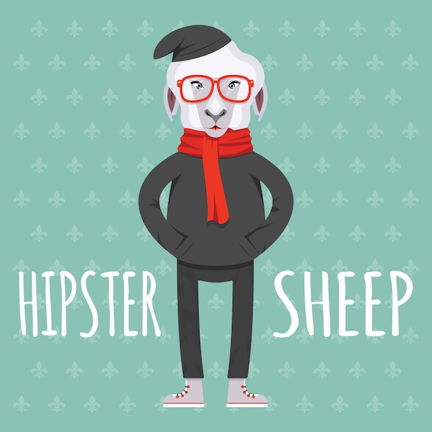 Free vector cartooned hipster sheep in flat style illustration on light green background