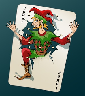 Cartooned joker jumping out of playing card on blue green background.