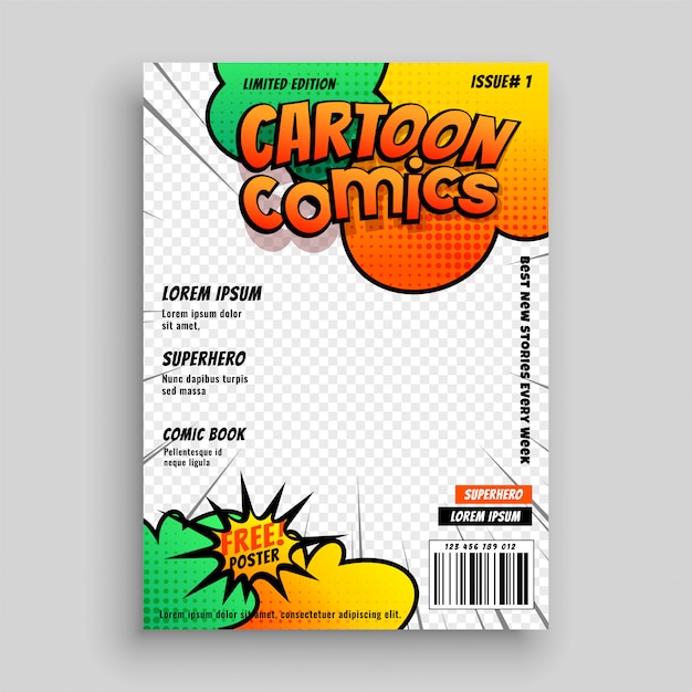 Vettore gratuito modello di disegno di copertina della rivista comic cartton