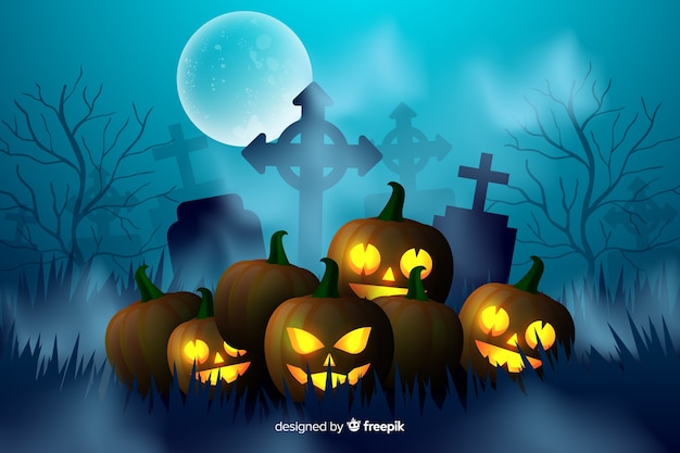 Free vector carved orange pumpkins in cemetery background