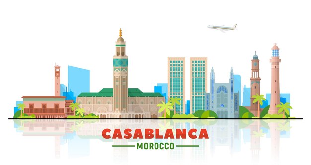 카사블랑카, (모로코) 도시 스카이 라인 벡터 일러스트 레이 션 흰색 배경. 현대적인 건물과 비즈니스 여행 및 관광 개념입니다. 프레젠테이션, 배너, 웹사이트용 이미지입니다.