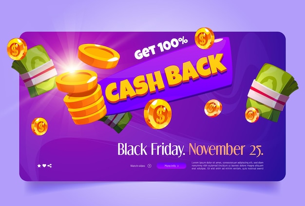 Vettore gratuito banner web cartoon cash back con soldi volanti