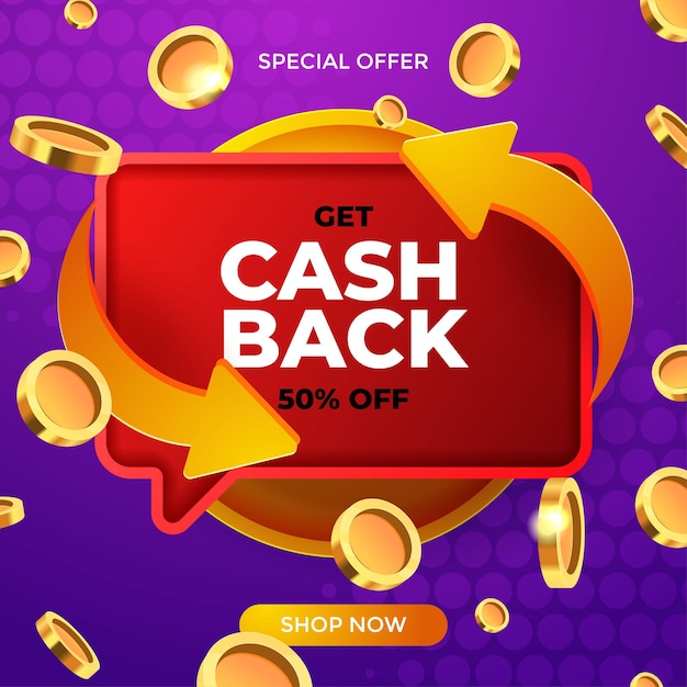 Cash back offre banner vettoriali con monete volanti