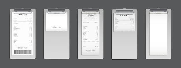 무료 벡터 클립 보드에 현금 영수증, 구매 청구서 청구서, 슈퍼마켓 쇼핑 소매 합계 확인 및 총 비용 저장소 판매 지불, 비어 있고 채워진 빈 격리. 현실적인 3d 벡터 세트