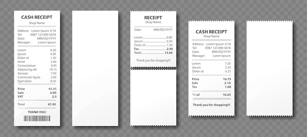 Free vector cash receipt, paper bill, purchase invoice, supermarket shopping retail sum check and total cost store sale payment, empty and filled blank isolated on transparent background. realistic 3d set