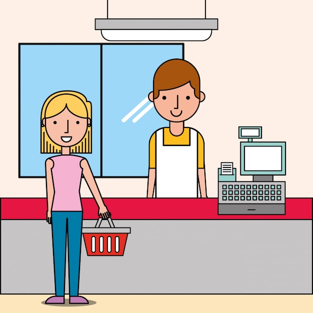 Cashier next cash register and woman customer holds shopping basket