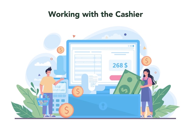 レジのコンセプトスーパーマーケットの店のレジカウンターの後ろの労働者クライアントサービスの支払い操作現金の会計と計算ベクトル図