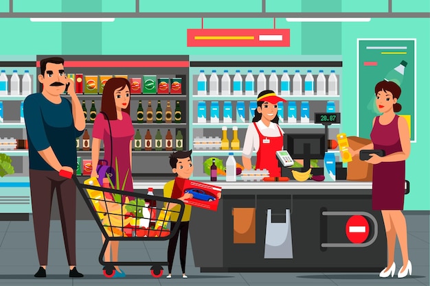 スーパーマーケットのレジ係と買い物客食料品の買い物をしている人々が、現金デスクで働くチェックアウトの女性従業員に並んでいます。