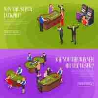 Free vector casino 2 horizontal isometric green purple banners set with roulette jackpot winners losers