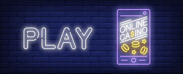 Vettore gratuito segno al neon dell'applicazione di casinò. app di gioco online su smartphone