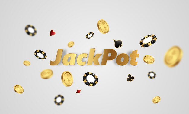 黄金のきらびやかな賞金サインコインで飾られたカジノバナージャックポットデザイン プレミアムベクター