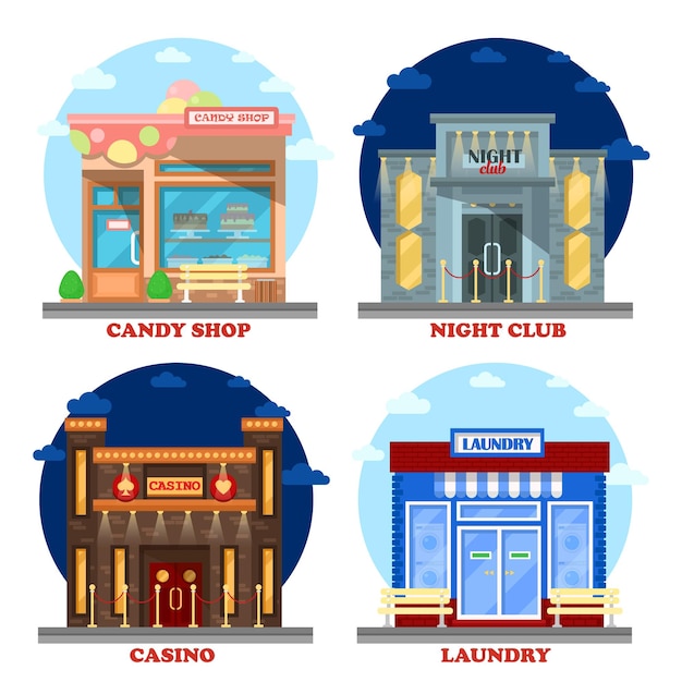 Casino building and nightclub entertainment laundry building and candy shop or store