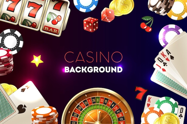Рамка казино с текстом и реалистичной иллюстрацией элементов азартных игр Premium векторы