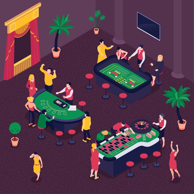 Free vector casino and gambling isometric background with poker and roulette symbols  illustration