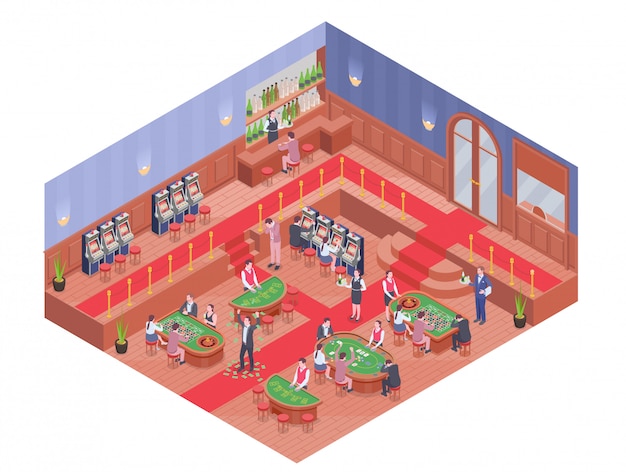 Casino hall with bar and people playing different gambling games isometric composition 3d