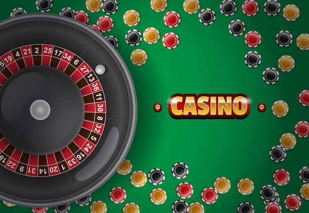 Casino inscription, roulette and chips on green background. 