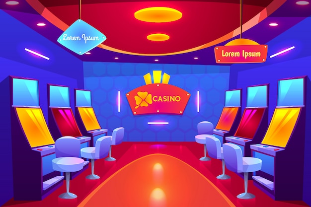 Free vector casino interior, empty gambling house with slot machines stand in raw and illumination.