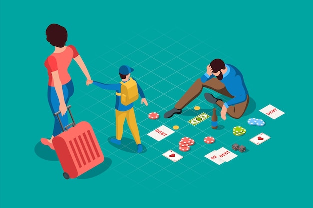 Free vector casino isometric background with father oppressed by losing and mother leaving with suitcase and holding hand of her child vector illustration