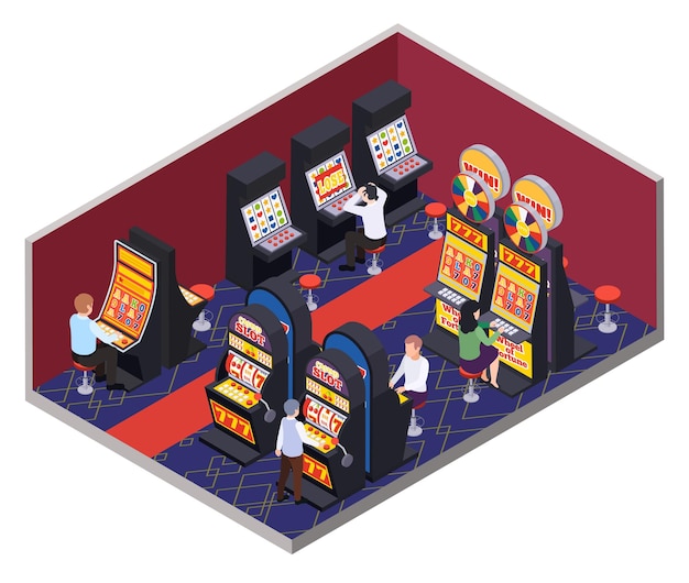 Vettore gratuito composizione isometrica del casinò con scenari interni e personaggi umani di giocatori seduti all'illustrazione vettoriale delle slot machine