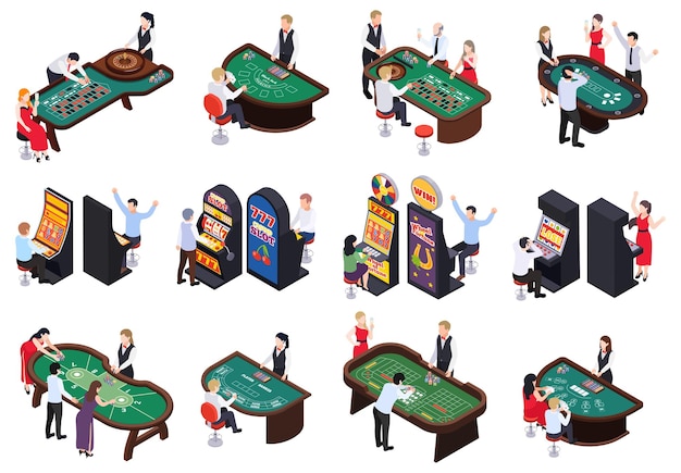 Free vector casino isometric set with isolated views of gaming tables with cards chips roulette dealers and slots vector illustration