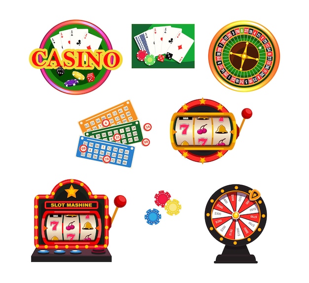 Предметы казино устанавливают игральные карты и фишки для покера, рулетку, лото, игровые автоматы, азартные игры, большие деньги, выигрыши и проигрыши, проверьте свою удачу, индустрия азартных игр, развлечения, спорт или хобби