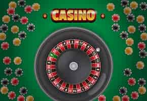 Free vector casino lettering, chips and roulette on green background.