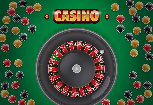 Casino lettering, chips and roulette on green background. 