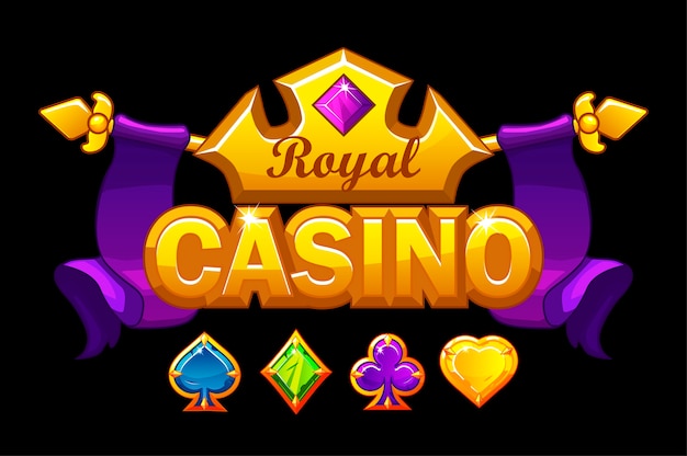 Логотип казино с золотой короной и сокровищами. Королевские азартные игры фон с символами игровых карт драгоценных камней.
