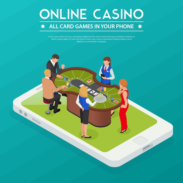 Casino online cards games from smartphone or tablet isometric composition with players on device screen