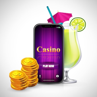 Casino gioca ora lettering sullo schermo dello smartphone, pile di monete e cocktail