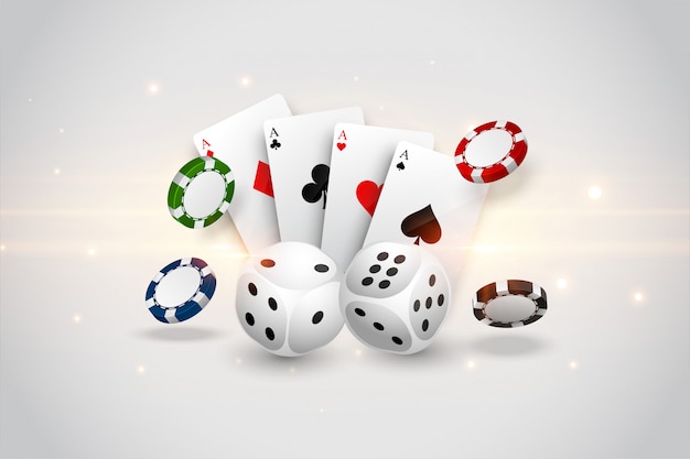 Casino playing cards dice and flying chips background