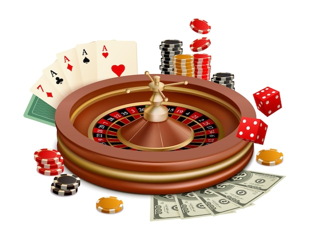 Casino realistic composition with roulette wheel chips dollar banknotes playing cards and dices illustration