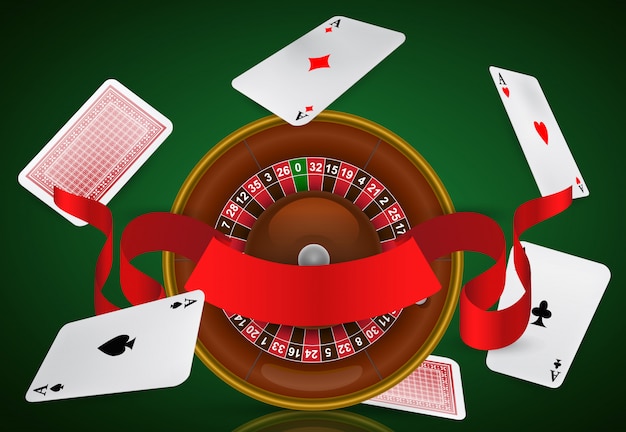 Casino roulette, flying aces and red ribbon. Casino business advertising 