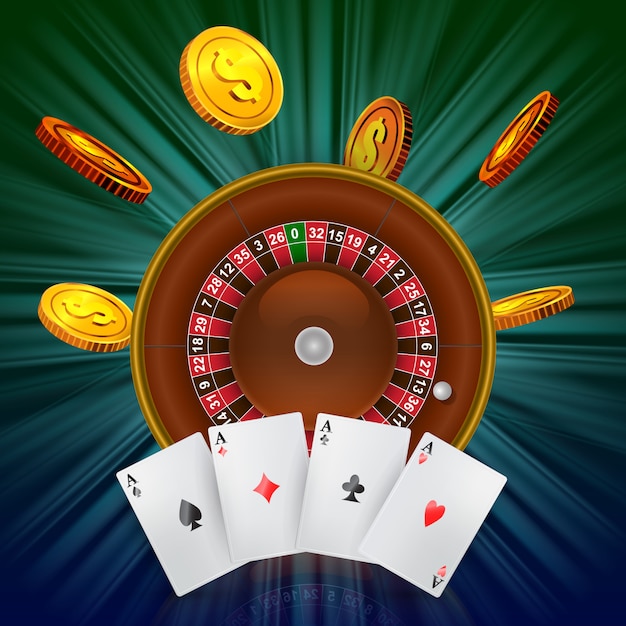 Casino roulette, flying golden coins and four aces. Casino business advertising