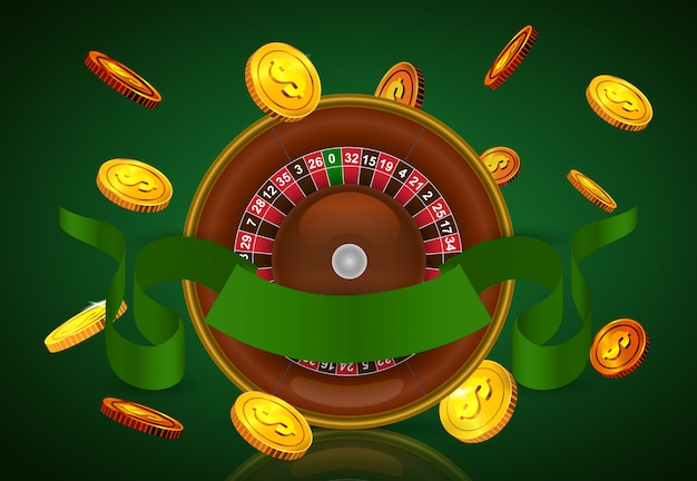 Vettore gratuito roulette del casinò, monete dorate volanti e nastro verde. pubblicità aziendale di casinò