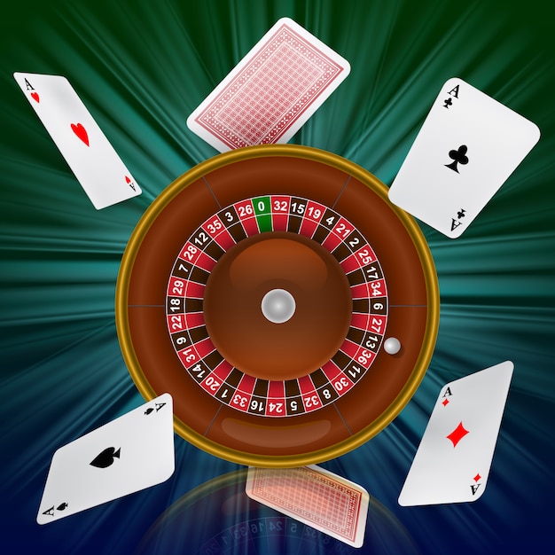 Casino roulette and flying playing cards. Casino business advertising 