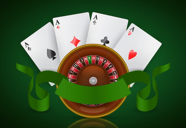 Casino roulette, four aces and green ribbon. casino business advertising