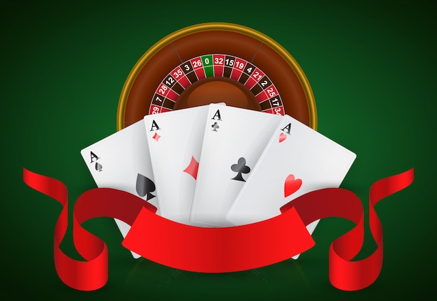 Free vector casino roulette, four aces and red ribbon. casino business advertising