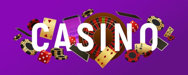 Casino sign letters poker club header title marquee realistic horizontal banner with cards roulette wheel