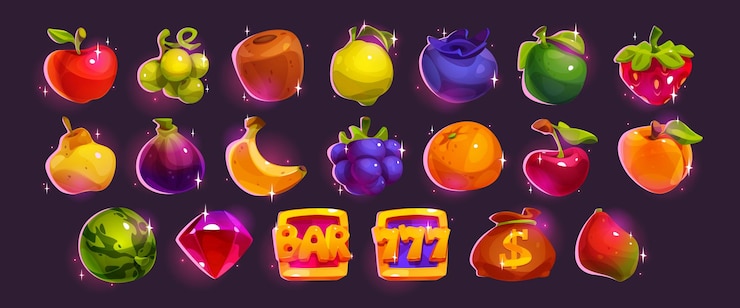 Free Vector casino slot machine match game fruit ui icon set gambling vector interface asset for classic spin design with cherry diamond banana apple and peach isolated gold bar and 777 clipart cartoon