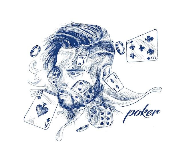 Тема казино с игральными фишками и покерными картами Ручной рисунок векторной иллюстрации