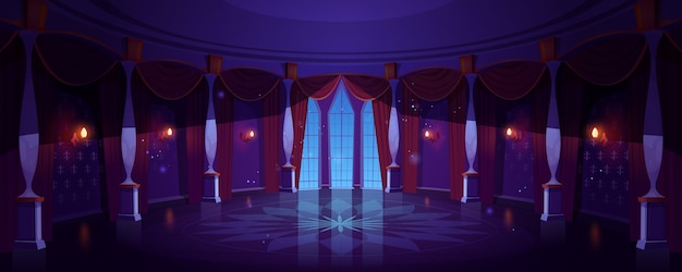 Free vector castle ballroom, night empty palace hall interior with glowing lamps