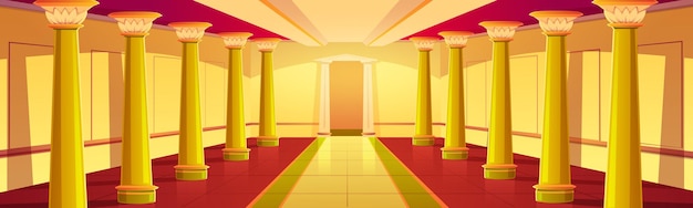 無料ベクター 金色の柱のある城の廊下宮殿の空の列柱の内部、金色のアンティークの柱とタイル張りの床中世の建物の建築デザインボールルームまたはホールの漫画イラスト